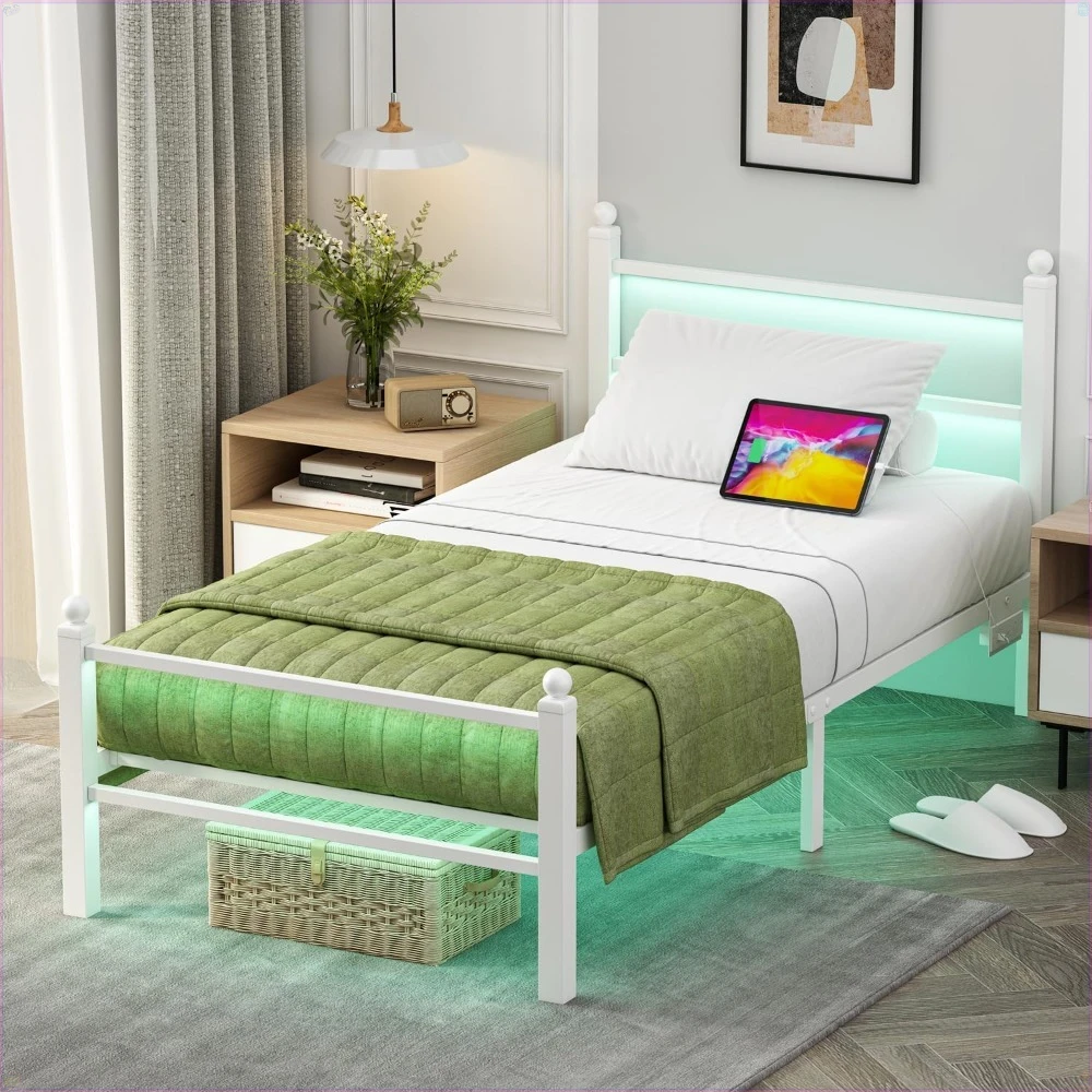 

Twin Size Bed Frames with Charging Ports LED Lights,Heavy Duty Metal Slats Support,No Box Spring Needed,Noise Free, Squeal,White