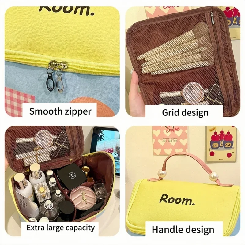 House-shaped Portable Travel Cosmetic Bag, Large Capacity Stylish Design With Cute Cartoon Pattern, Niche Makeup Organizer