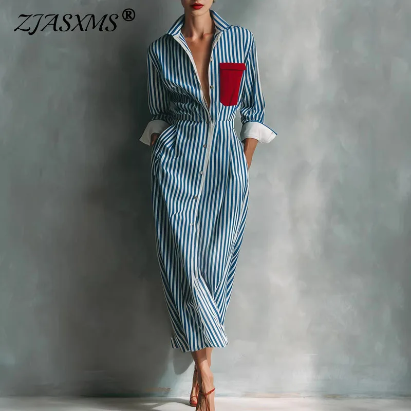 Vintage Striped Shirt Dress Women Turn Down Collar Roll Up Cuffs Contrast Pocket Single Breasted Chic Resort Travel Midi Dresses