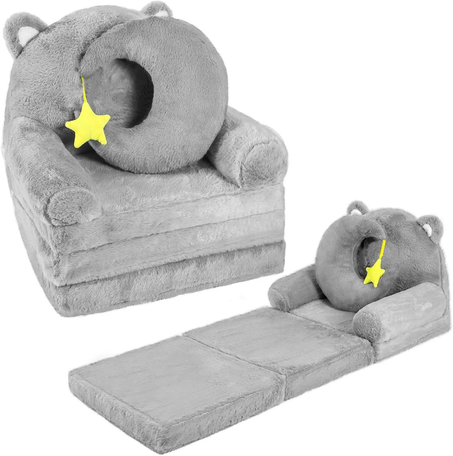 

Foldable Toddler Couch 2 In 1 Gray Cat Kids Fold Out Couch With Moon Shape Pillow Recliner Chair Baby Sofa Bedroom Folding Bed