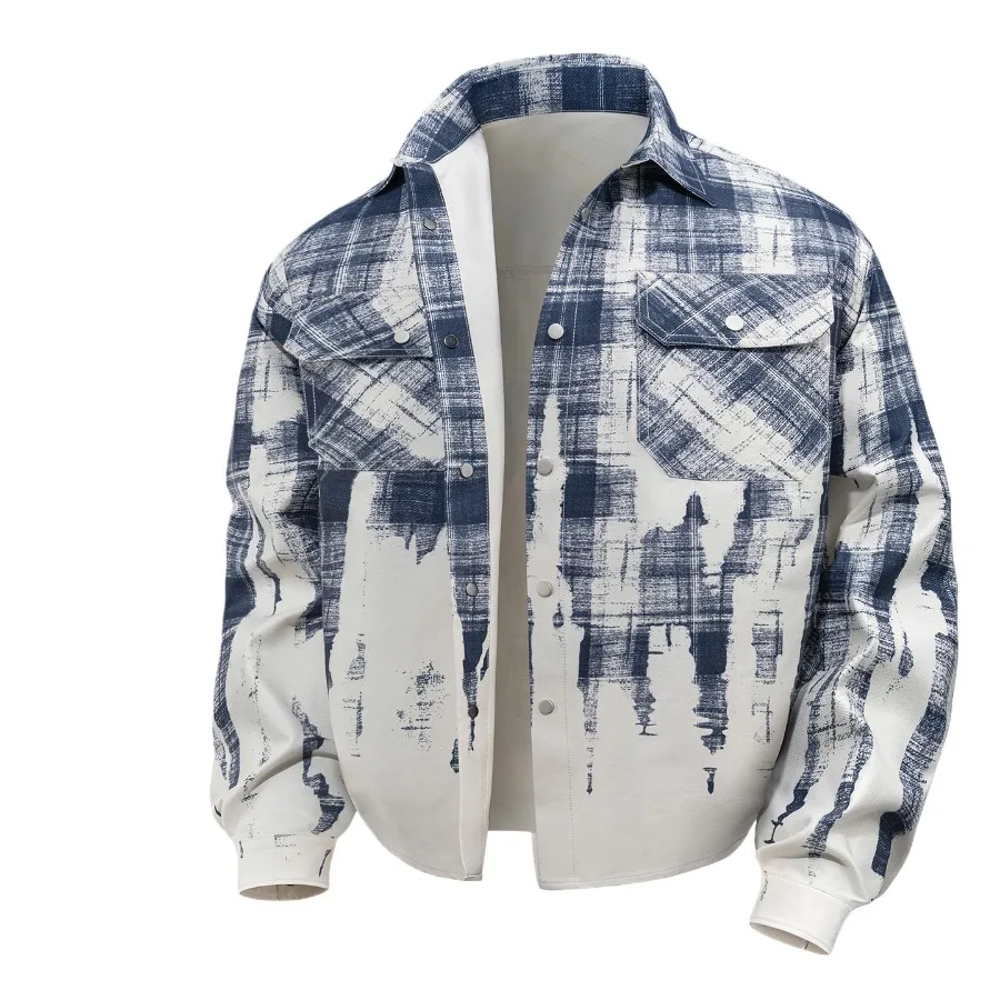 2026 Fall New Arrival American Trendy Gradient Color Long Sleeve Shirt Men Loose Fit Versatile Plaid Blazer Jacket
