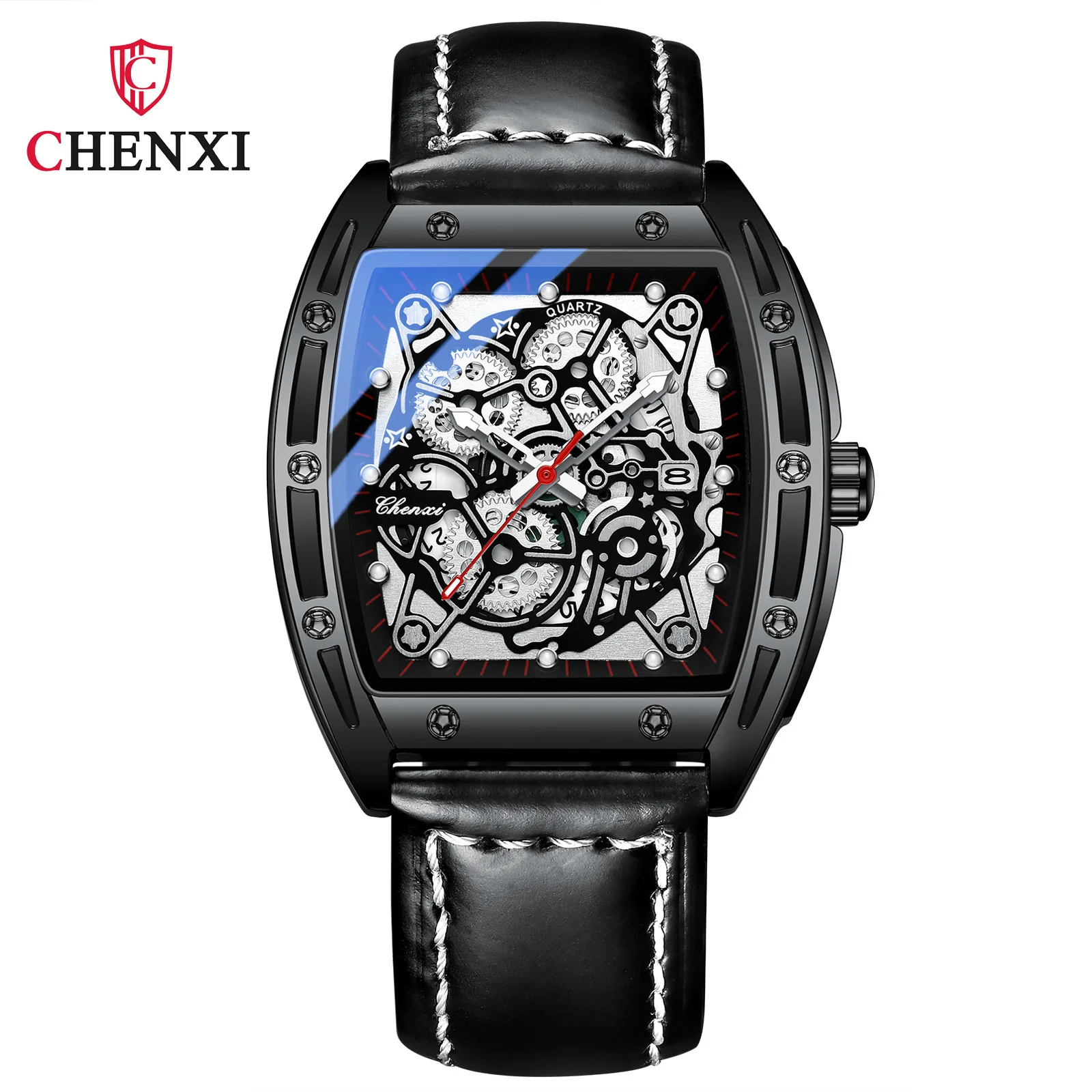 CHENXI 8265 Men's Quartz Watch New Business Cool Calendar Wine Bucket Nightlight Waterproof Black Leather Wrist Watches for Male