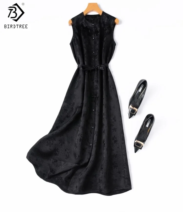 

Birdtree Summer 22MM 100% Mulberry Silk Dress,Women Jacquard Satin O-neck Sleeveless Single Breasted Solid Long Skirt D56407JF