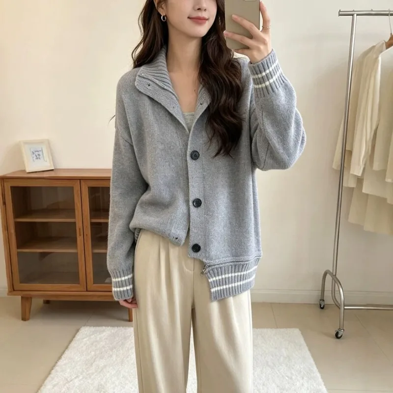 Women High Collar Striped Cuff Single Breasted Zipper Hem Loose Knit Cardigan