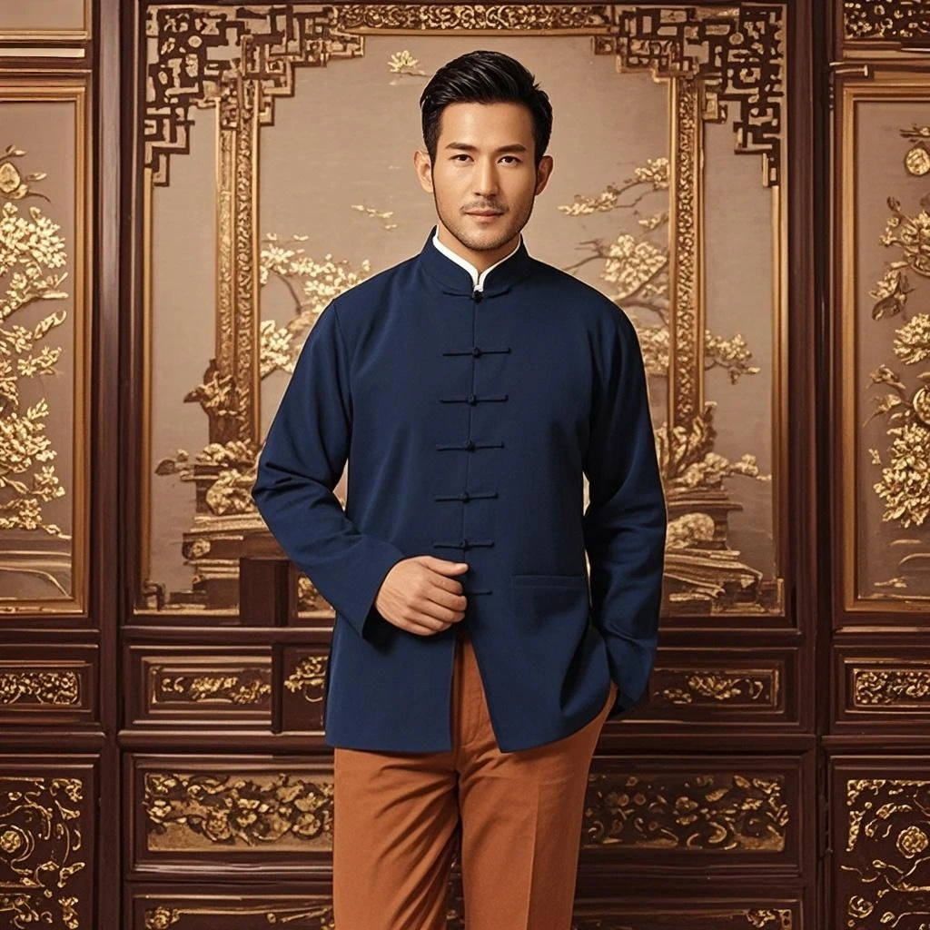 Hanfu Style Design Men’s Slim-Fit Tang Suit Jacket Gray Red Blue Sleek Oriental Coats Mandarin Collar Outerwear Spring 2025