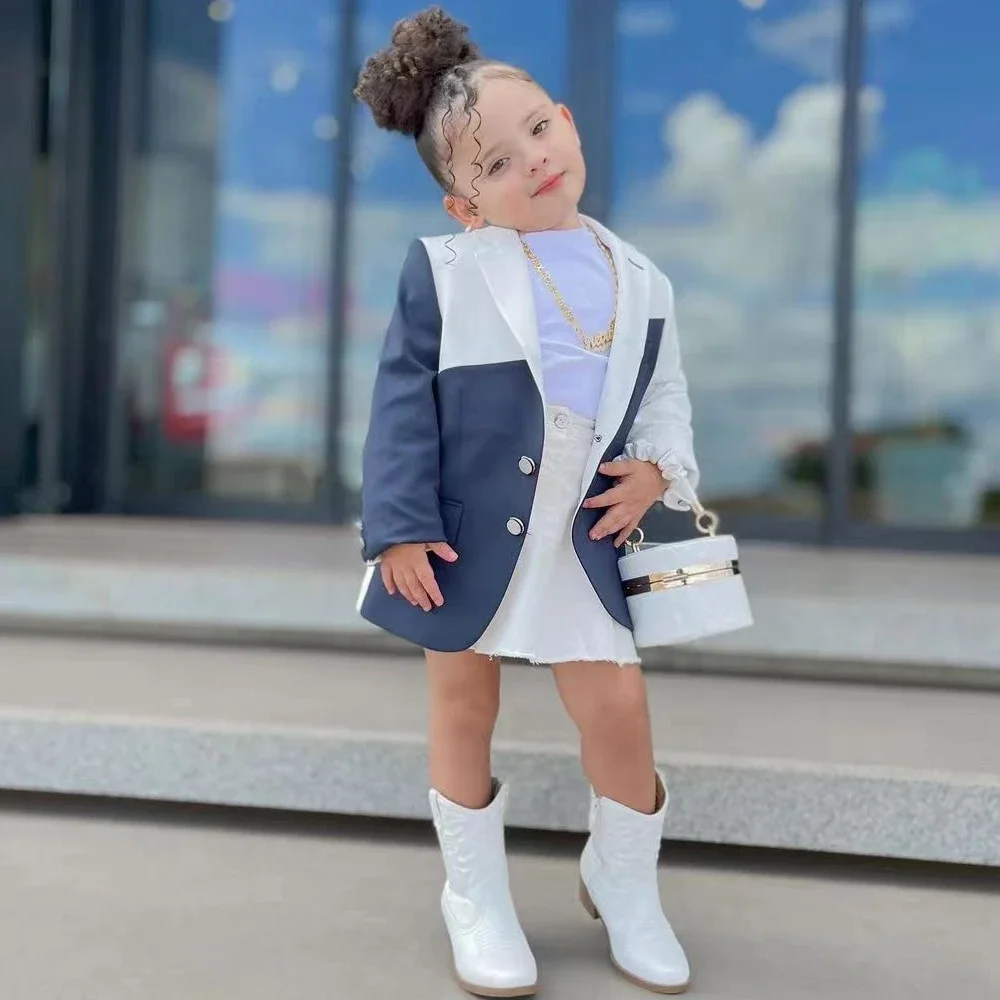 

New 2024 Spring Autumn Girls Color Matching Suit Jacket Kids Lapel Long Coat Children Casual Clothing Streetwear For 2-7 Years