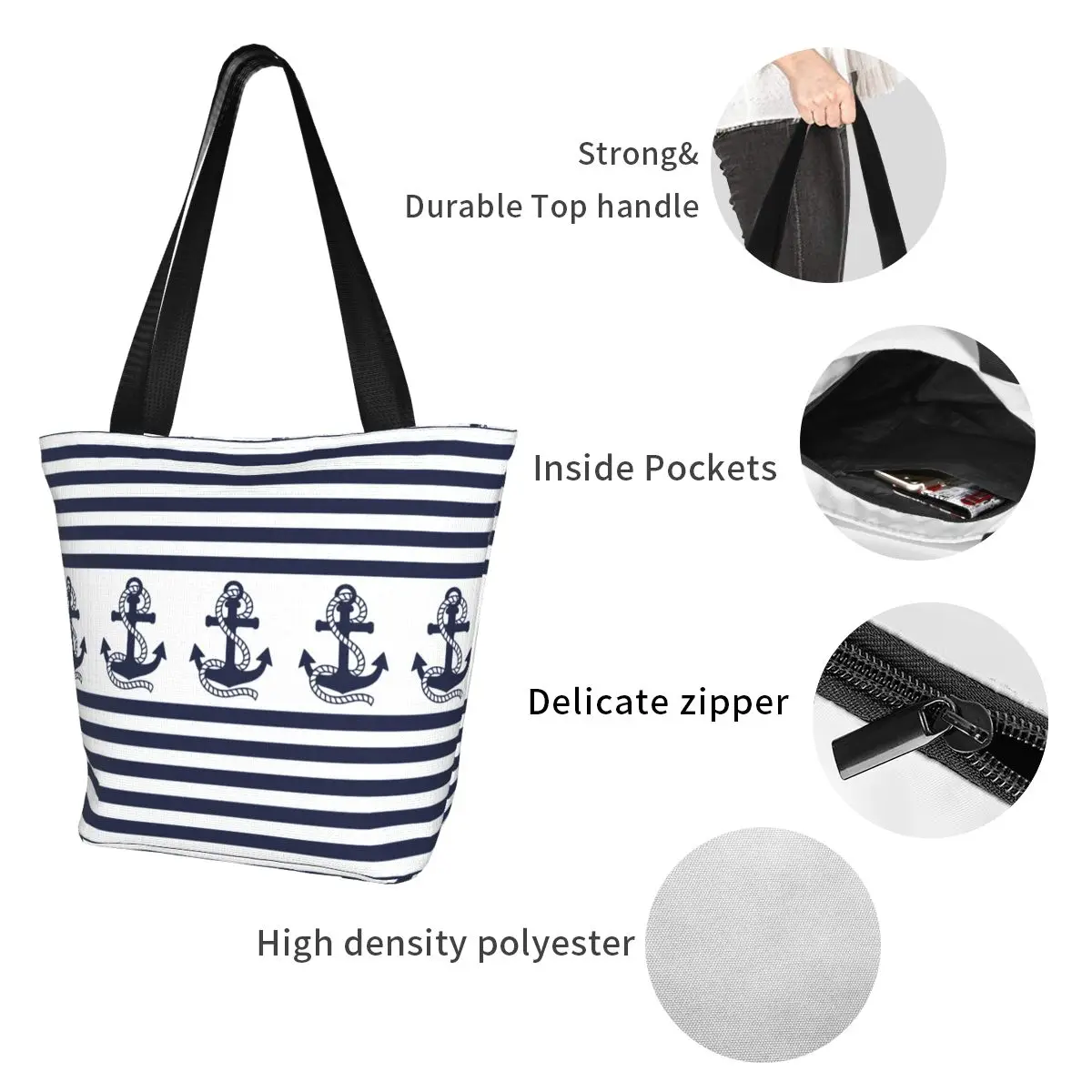 Custom Nautical Stripe Navy Blue Anchor Groceries Shopping Bags Canvas Shopper Shoulder Tote Bags Large Capacity Durable Handbag