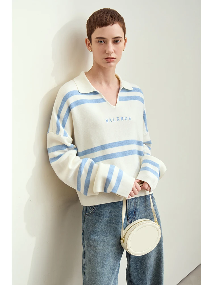 Amii Minimalism 2024 Autumn Striped Sweaters For Women New Lapel Letter Embroidery Spliced Loose Drop Sleeve Short Tops 12453056