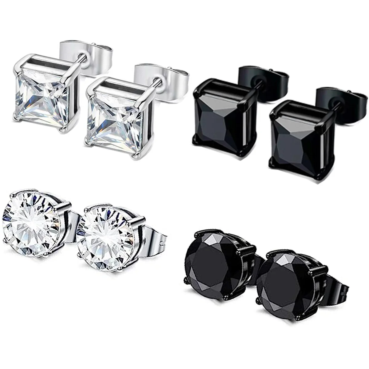 1/4 Pairs Stainless Steel Cubic Zirconia Stud Earrings Set Unisex Ear Piercing Jewelry for Men and Women 6MM Stylish Simplicity