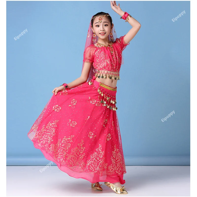 Ropa de danza del vientre para niños, ropa de danza del vientre para niños, vestido de ropa de danza del vientre de la India oriental, 4 piezas por conjunto, nuevo