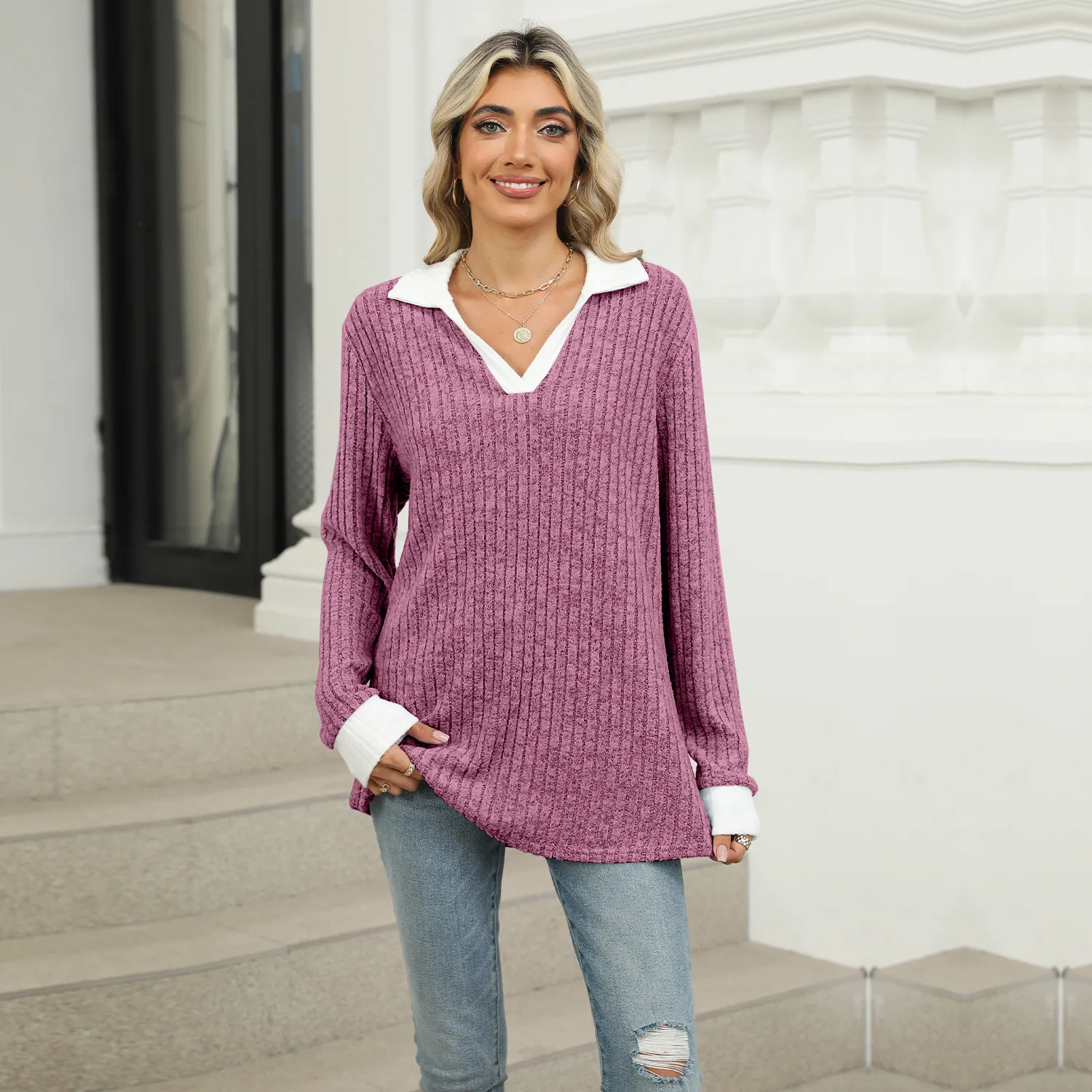 2025 Autumn and Winter New Contrasting Color Lapel Long-sleeved Loose T-shirt Top Women's Europe and America