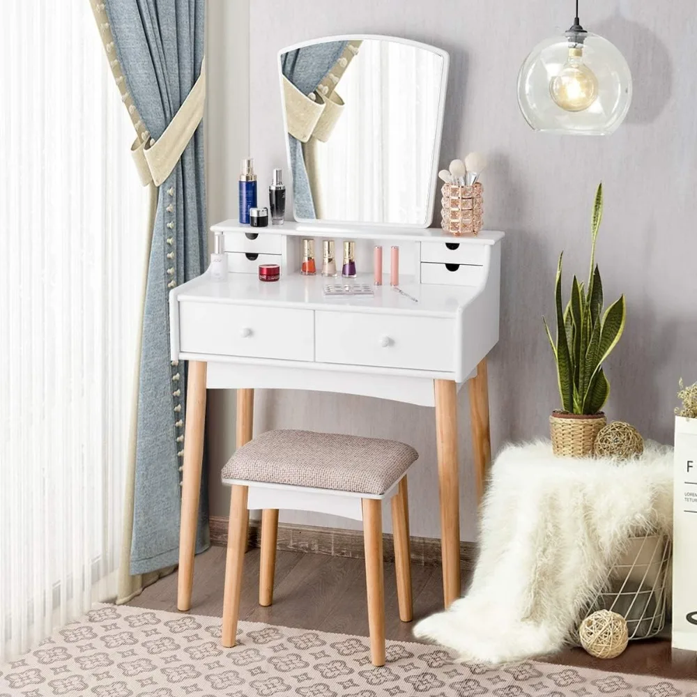 

Makeup Vanity Set with 6 Drawers,Dressing Table with Cushioned Stool and Unique Shape Mirror,Modern Dresser for Bedroom Bathroom