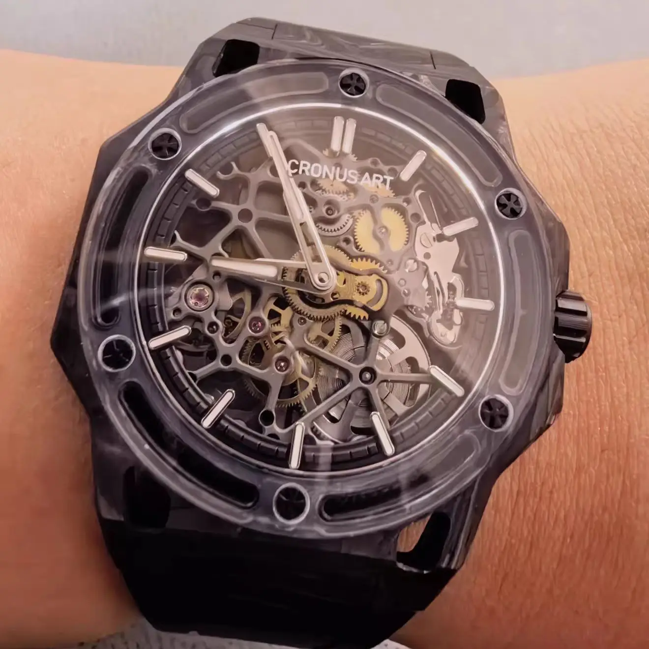 CRONUSART Men Automatic Watch Sport 42mm Mechanical Wristwatch Carbon Fiber Luminous Sapphire Mirror Skeleton Dial FKM Strap