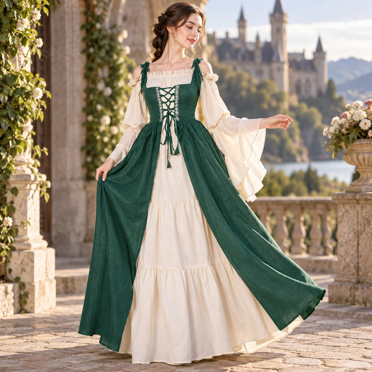 Two Set Patchwork Set Maxi Length Literary Retro with Medieval Renaissance Dress Full Swing Round Neck Square Neck Tie Waist