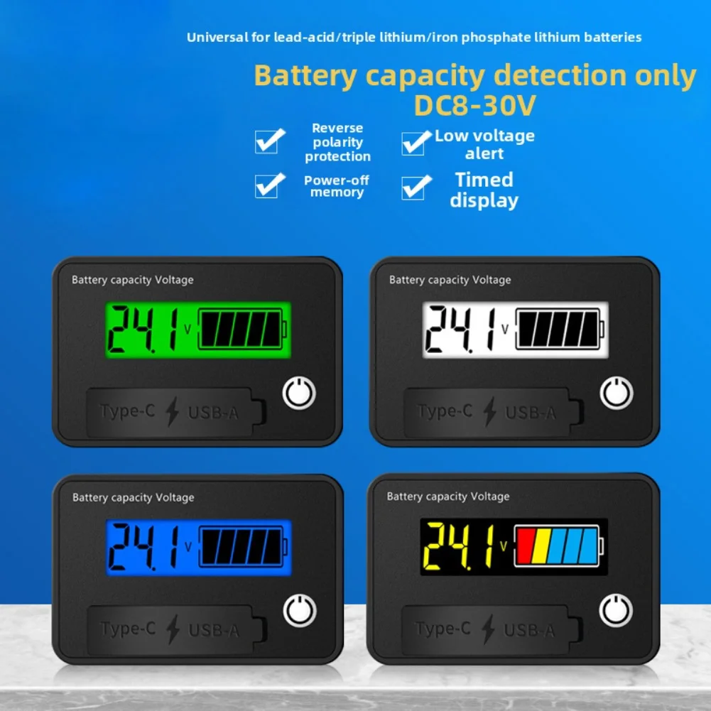 8-30VDC Two Wire Digital Voltmeter Capacity Tester With LCD Display Quick Charge USB For Car For Battery Solar Inverter Testing