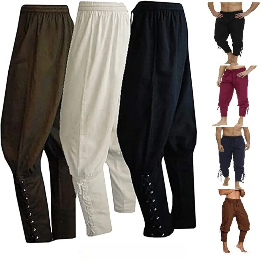 

Men's Cuffed Long Pants, Blending with Medieval Viking Pirate Elements, Ultra-Casual with Ankle Strap Design