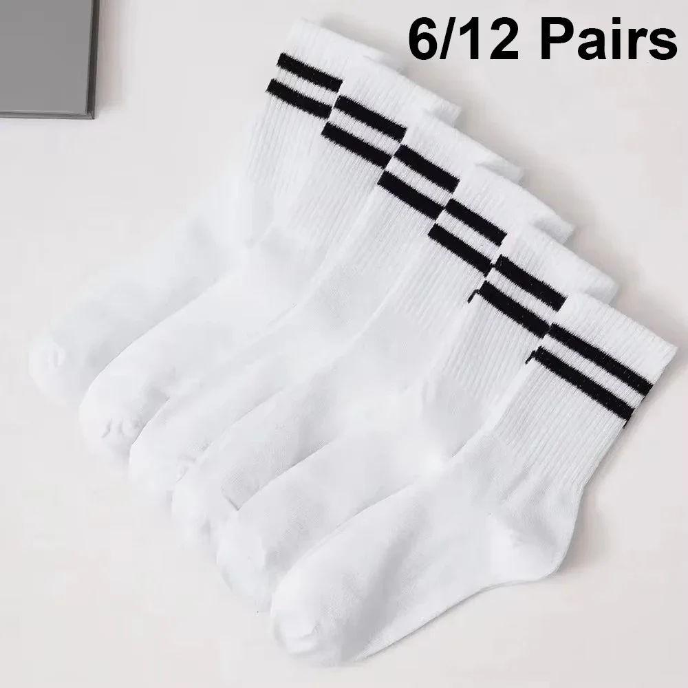 6/12 Pairs of Women's Mid Length Stockings Set in Pure Black And White With Parallel Bars Popular and Versatile Sweat Absorption