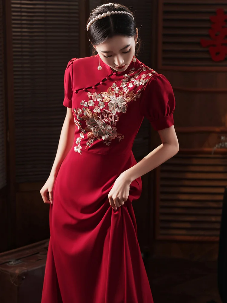 

Chinese Sle Long Red Wedding Dr for Women Vintage A-Line Skirt ort Sve Zipper Ba Bridal Gown Ideal for Wedding An...