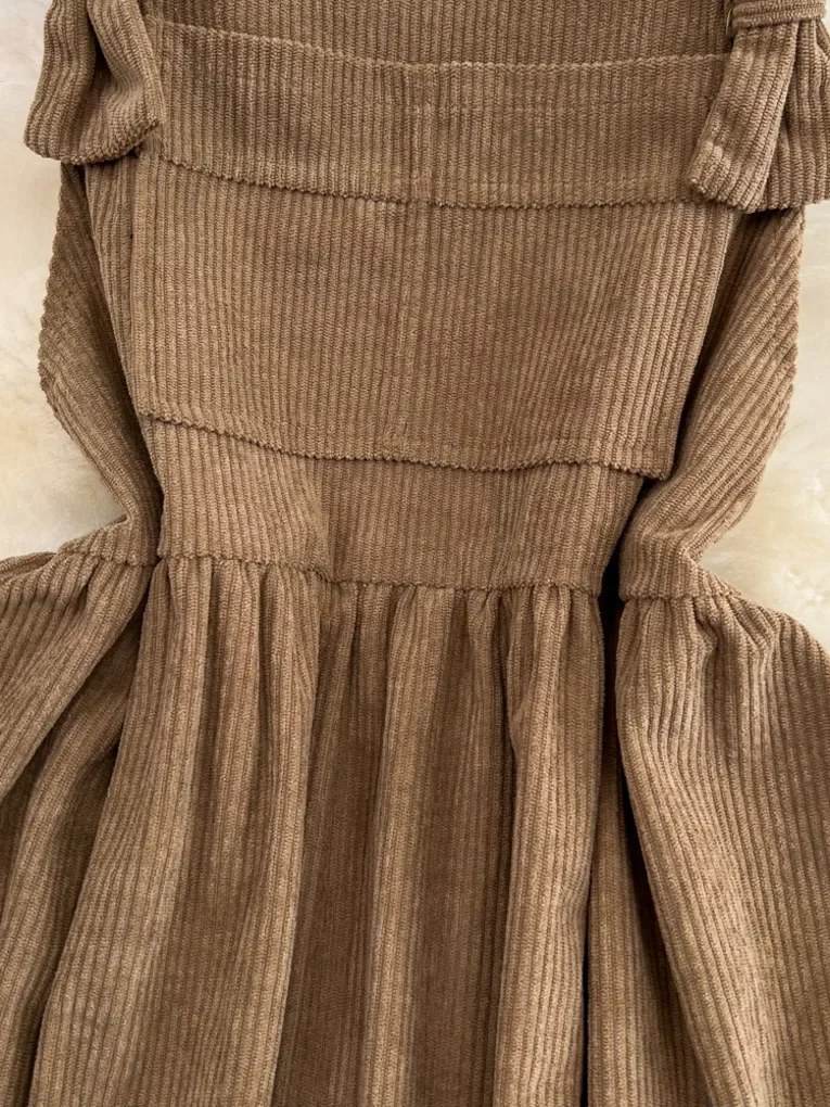 Foamlina Casual Women Corduroy Dress New Spring Autumn Spaghetti Strap Sleeveless Loose Waist A-line Midi Vintage Female Dress