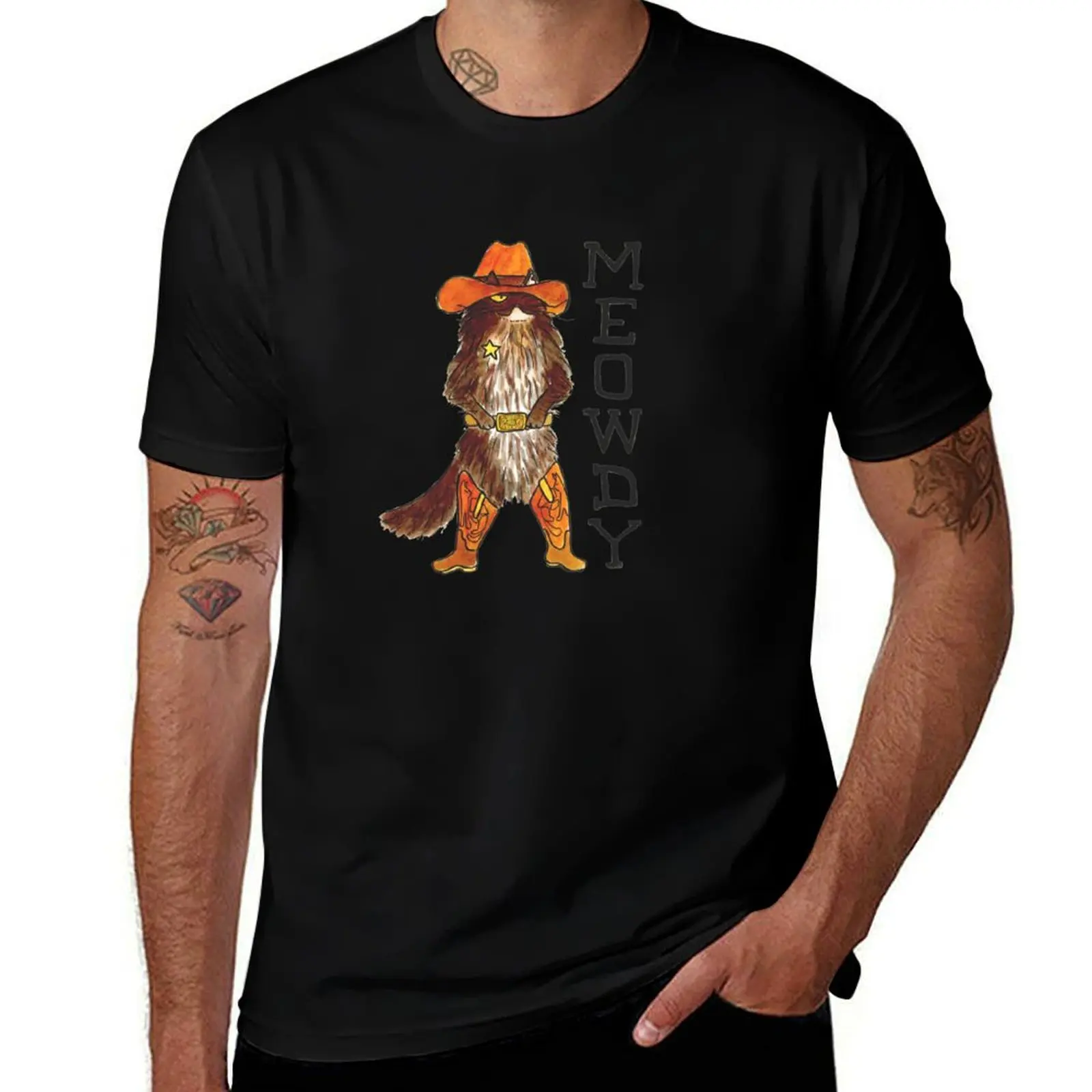 

Meowdy! Puss in boots/ Kitty in a cowboy hat T-Shirt fashion shirts Luxury man custom t shirt mens shirts graphic tee