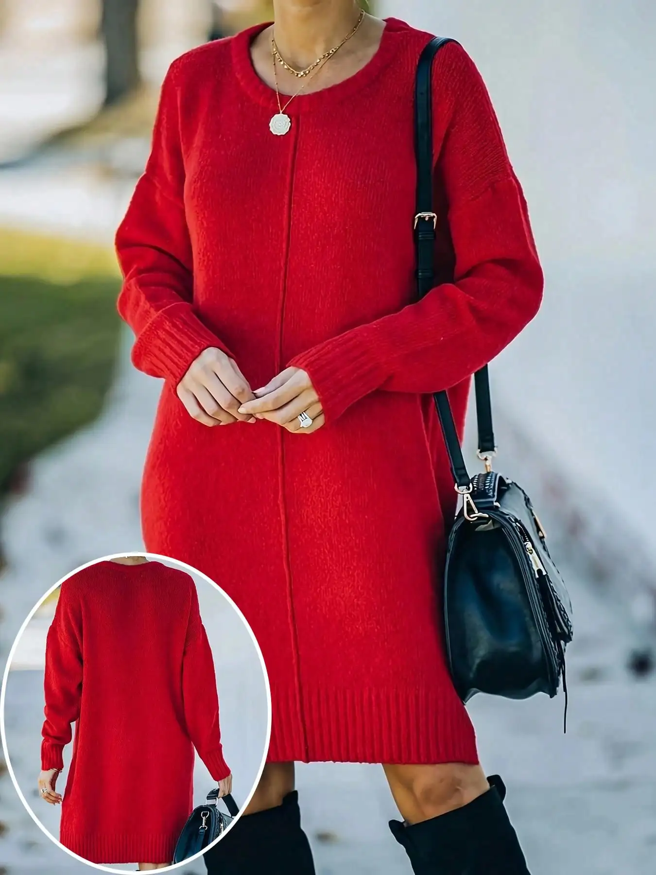 

Красное вязаное платье-свитер с круглым вырезом для женщин, свободный крой, осень-зима