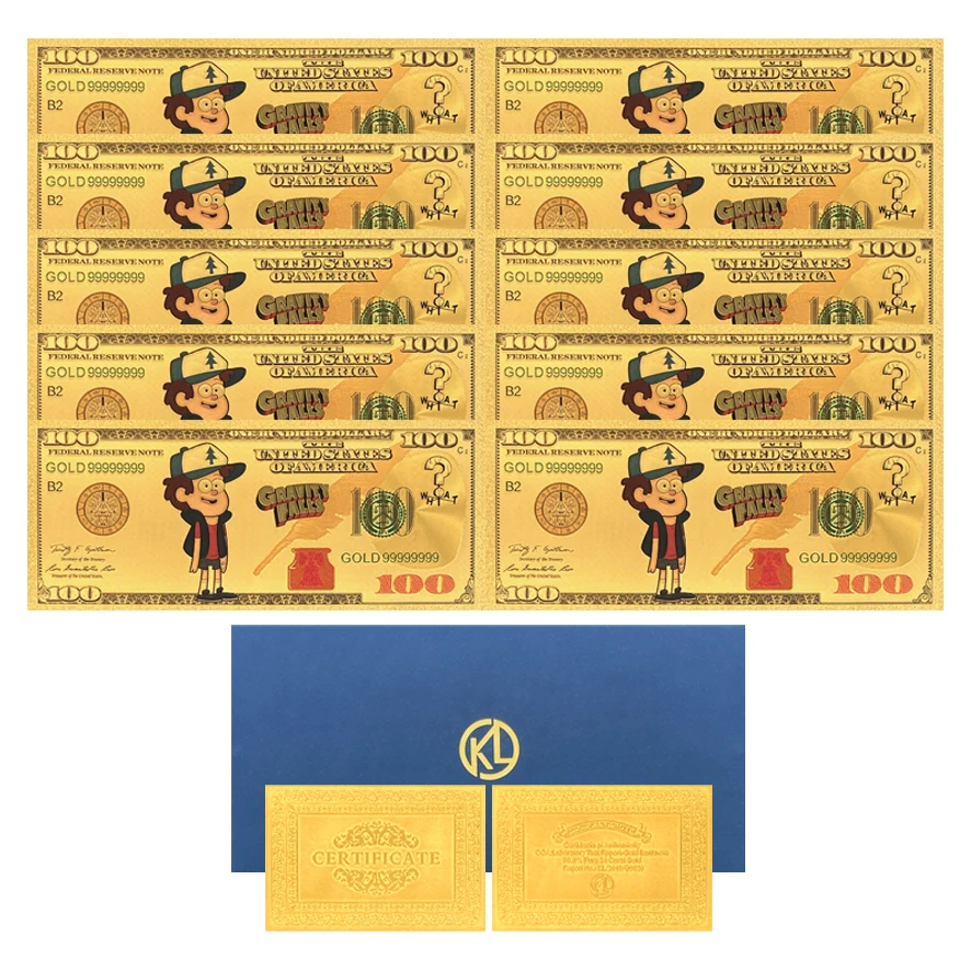 

Золотая банкнота Gravity Falls, 5 стилей, коллекционная на 100 долларов — коллекция подарков для детей, сувенир для любителей анимации, новый декор