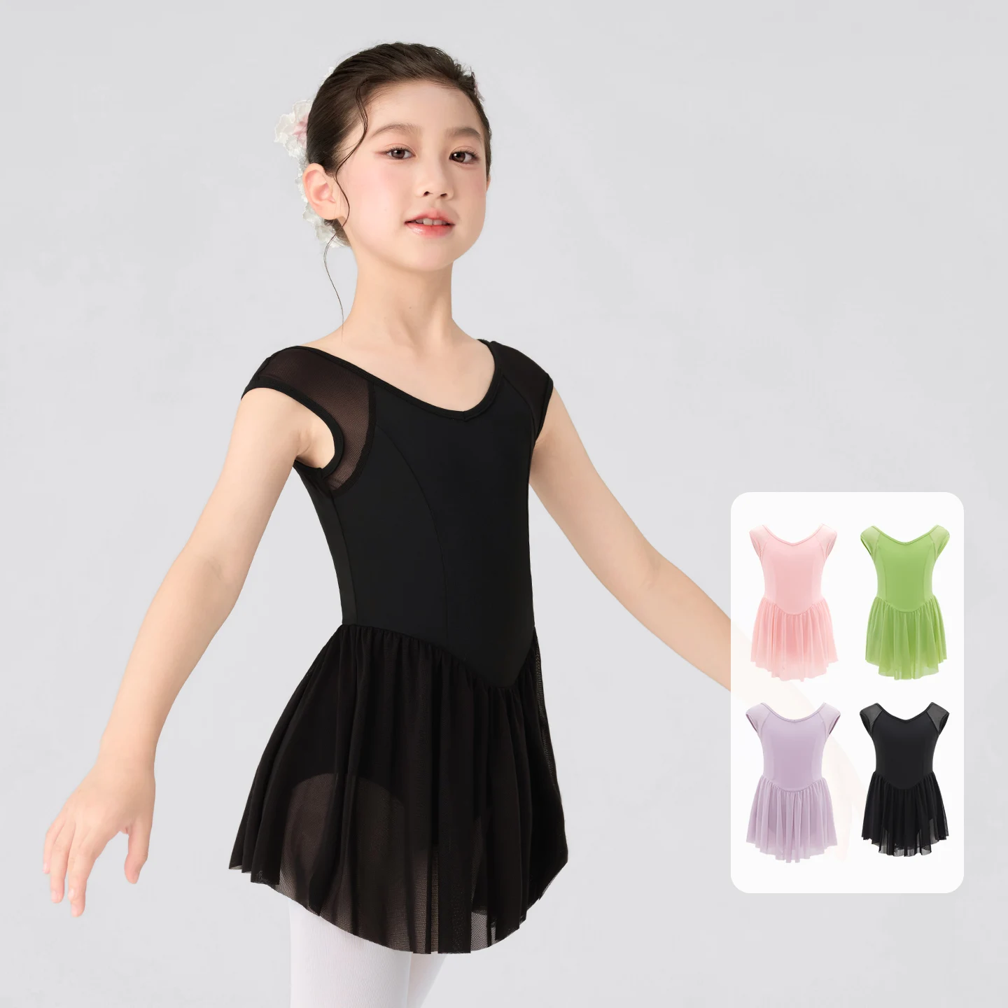 Maillots de Ballet con Mangas Raglán para Niñas, Trajes de Danza con Malla, Maillots de Gimnasia para Niñas Pequeñas, Vestido de Danza Ballet Negro