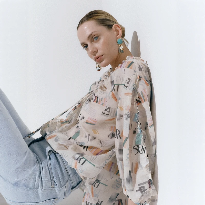 

Lightweight Handwoven Bead Decorated V-Ne Printed irt Spring Summer Original Design Women's Faion ort Sve Button up