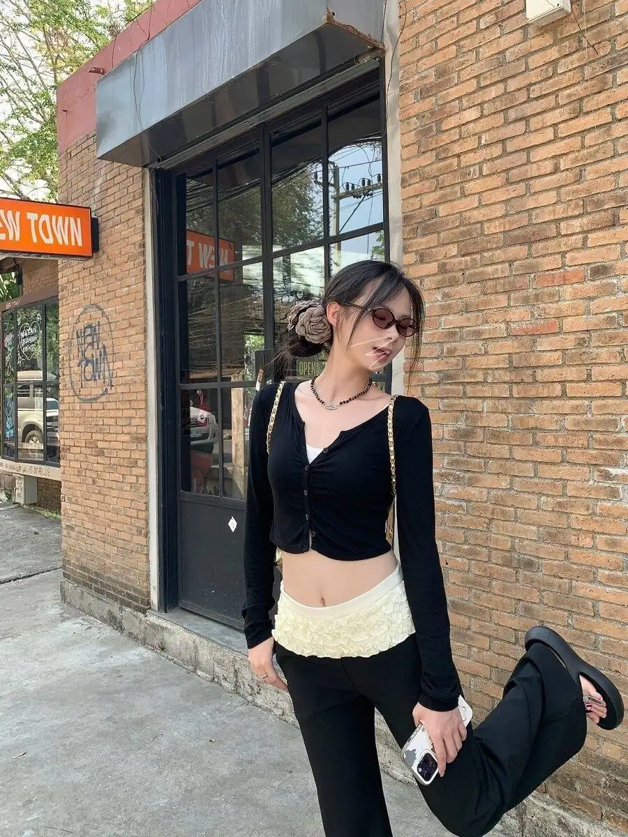 Early Spring Black Casual Flared Women's Suit Pants Ballet Ruffle Belly Cover Hepburn Style Color Block Straight Leg Slimming