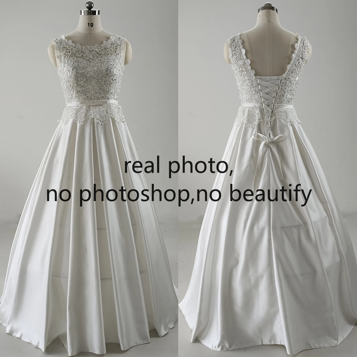 

Real Photo Evening Dress White Cystal Embroidery O-neck Lace up Satin A-line Floor Length Plus size Women Party Formal Gown