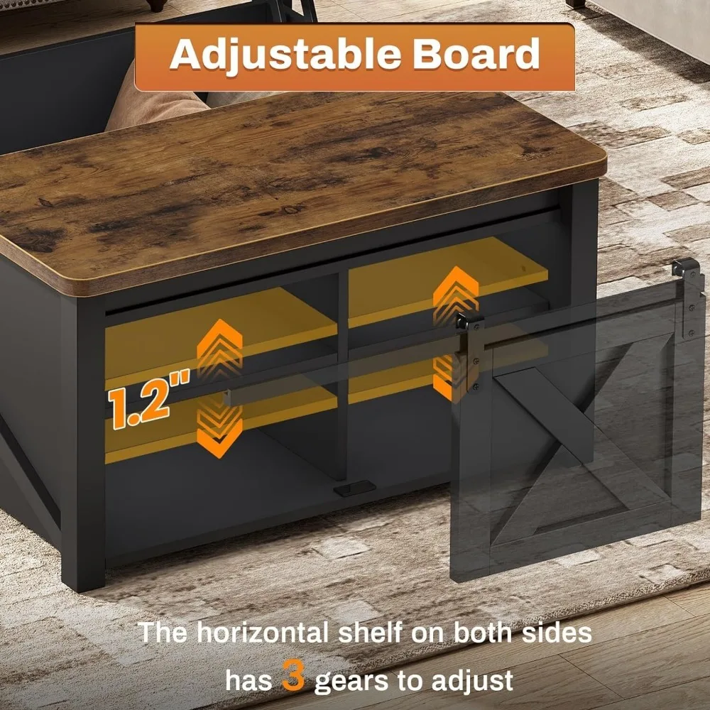 Lift Top Coffee Table with Sliding Barn Door &Storage Shelf, Square Coffee Table