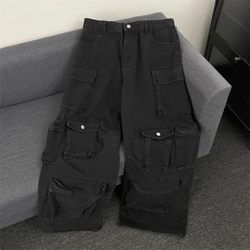 

Street Style Heavy Duty Multi Pocket Workwear Jeans Loose Straight Leg Wide Leg Long Pants Men Women Retro American Vibe