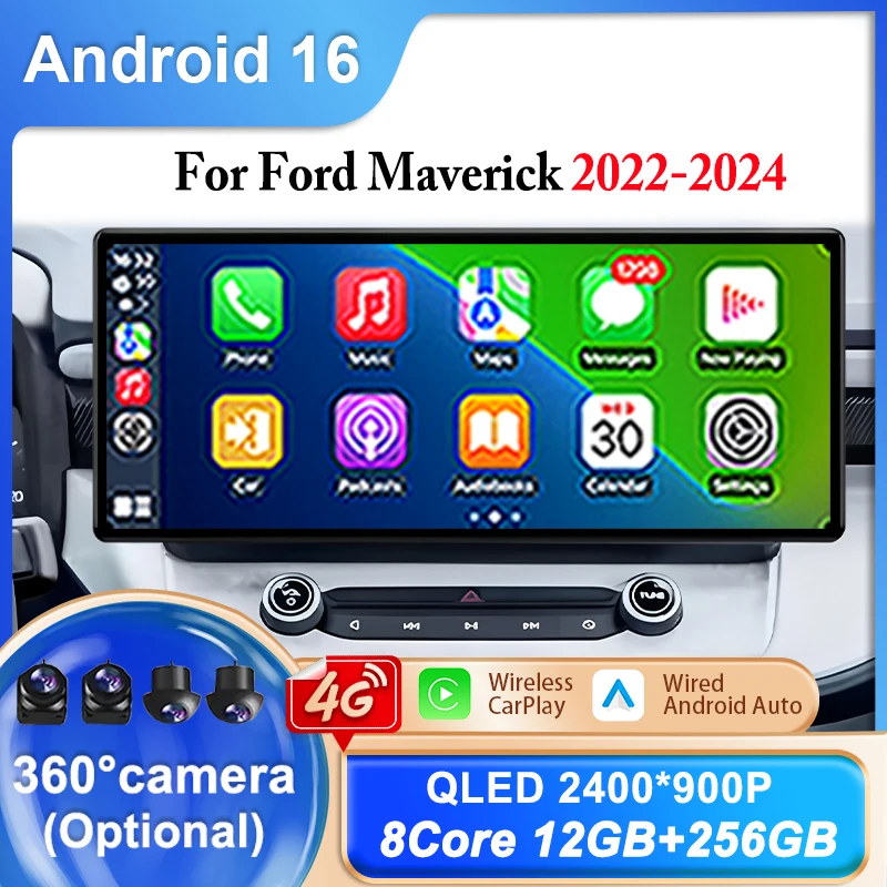 12.3 inch Car Radio Android Multimedia Video Player For Ford Maverick 2022-2024 GPS WIFI wireless Carplay QLED Screen Head Unit