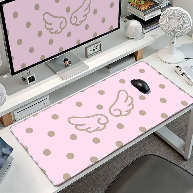 Leather Desk Pad Protector Large Polka Dots Angel Wings Pink Mouse Pad Office Desk Mat Waterproof Non-Slip PU Desk Blotter Pad