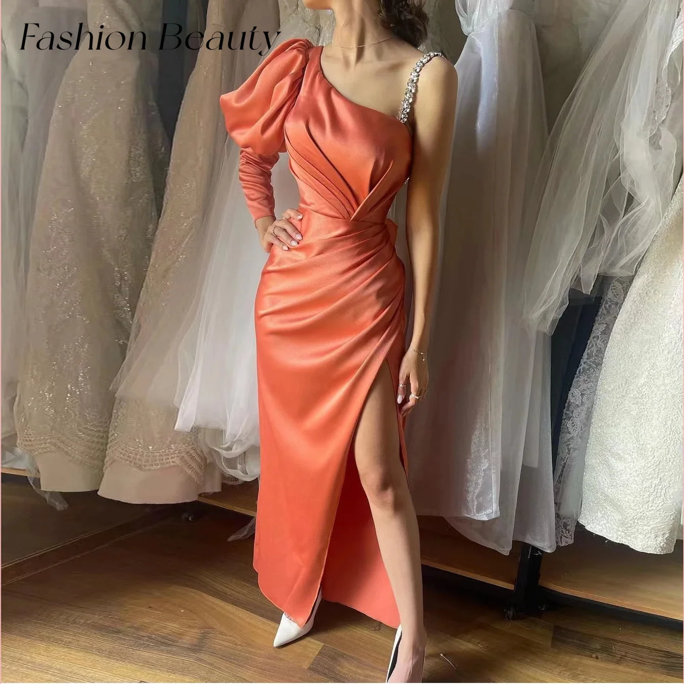 

Fashion Beauty Satin Evening Dresses One Shoulder Crystal Floor-Length Slit Women Simple Formal Party Dress 2024 فساتين الحفلا