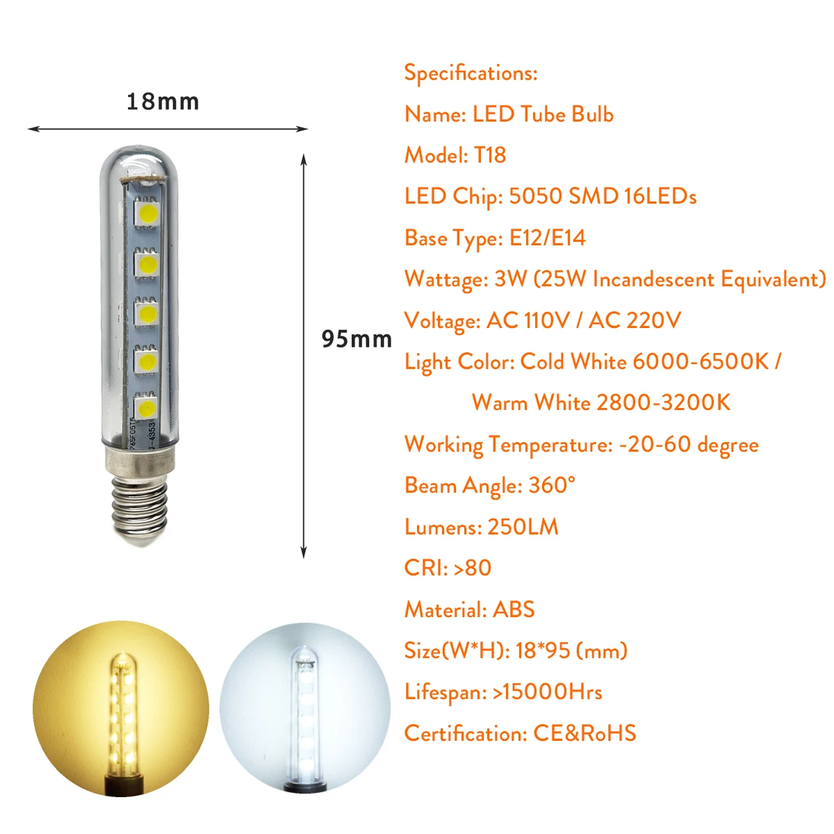 E14 E12 3W LED Tube Light Bulbs 5050 SMD T18 16LEDs For Home Office Gallery Decoration Lighting Replace 25W Halogen Lamp