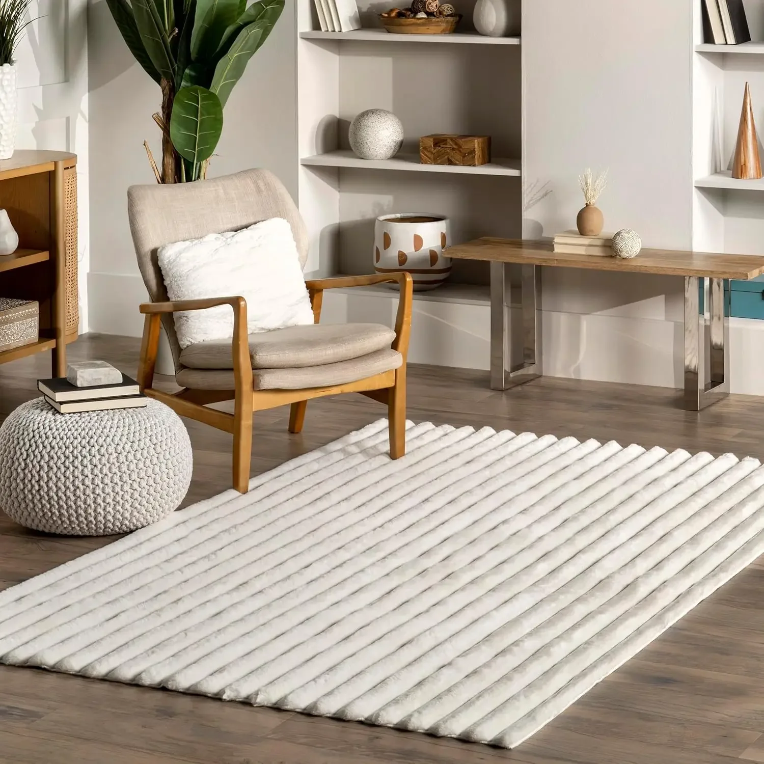 

5' x 8' Cozy Plush SuperiorWash Area Rug, Machine Washable, Non-Slip, Soft Fluffy Shag Carpet for Living Room , Kai White