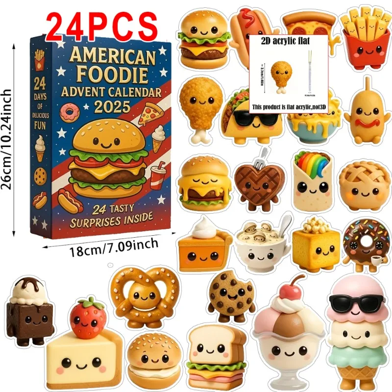 

2D Flat24-Day Christmas Advent Calendar Themed Decorations - 24 Days of Surprise Inside! Burger, Pizza, Ice, Candy & More