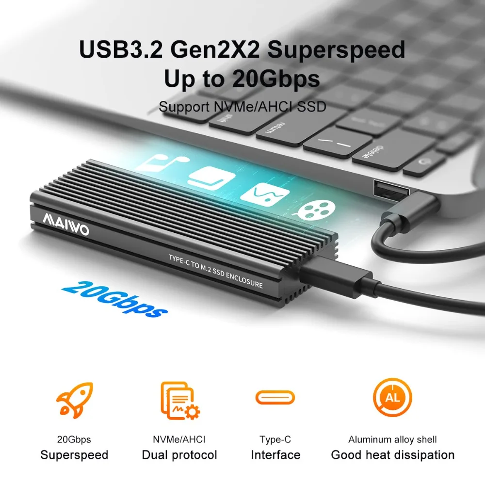 마이워 M.2 NVMe SSD 외장 케이스 20Gbps 공구 없이 설치 가능한 USB C 3.2 Gen2x2 PCIe SSD 케이스 외장 박스 (NVMe M-Key 솔리드 스테이트 드라이브용)