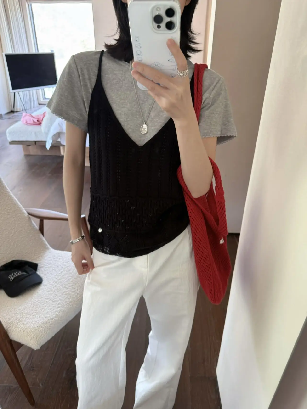 

Korean Style V-Neck Hollow out Knitted Strap Vest Back Bow Tie Layering Long Sleeve Slim Fit Women's Commute Style Top