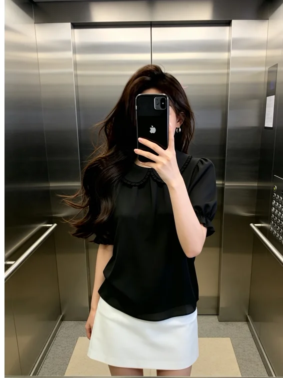 

Fashionable Loose Short Sleeve Black Shirt with Puffy Sleeves And Doll Collar for Women Casual Style Slimming Effect