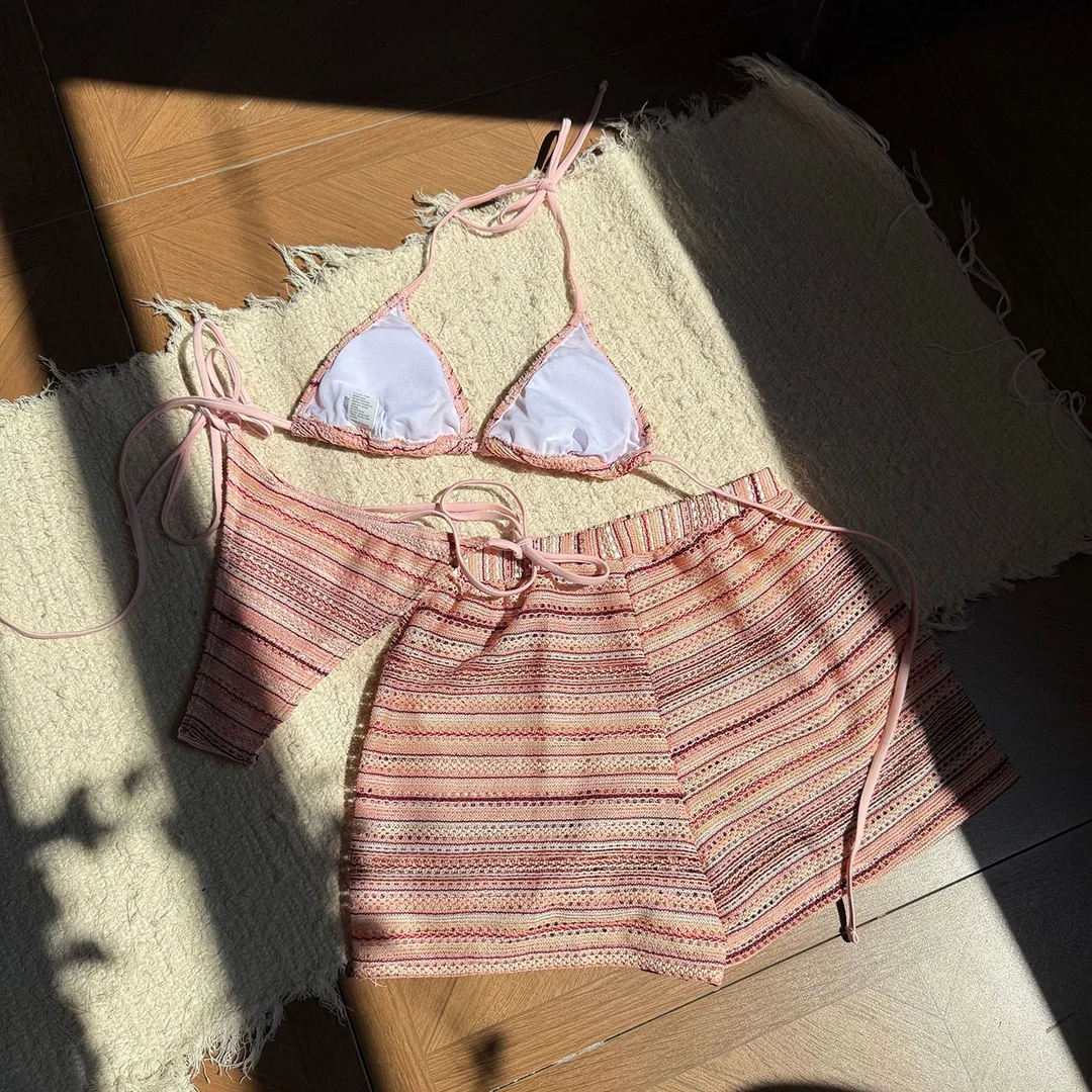 Neuer, aufreizender, gestreifter Bikini mit Neckholder-Ausschnitt, Damen-Badeanzug, dreiteiliges Bikini-Set mit Shorts, Damen-Badebekleidung, Badeanzug, Badebekleidung, Modell V6326. – Detail 17