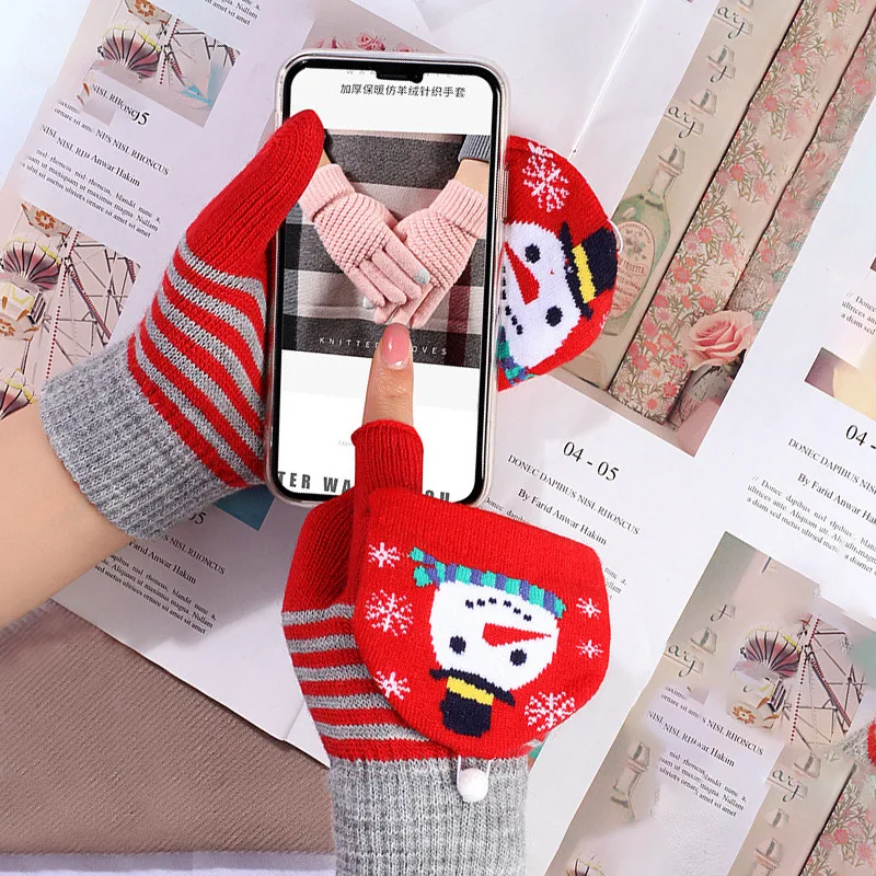 Christmas Knitted Red Flip Gloves Women Holiday Atmosphere Glove Printed Patterns Fashionable Warm Student Writing Office Gloves