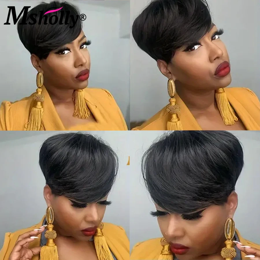 Short Pixie Cut Wigs Full Machine Made Wigs With Bangs Straight 180 Density Remy Human Hair Wigs For Women Water Wave Wigs