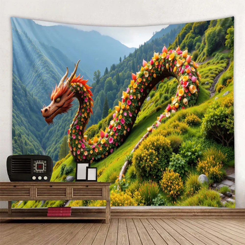 Forest Dragon Shaped Flower Tapestry Arch Wall Hanging - Peaceful Natural Grassland Sky Home Decor Artistic Unusual Design