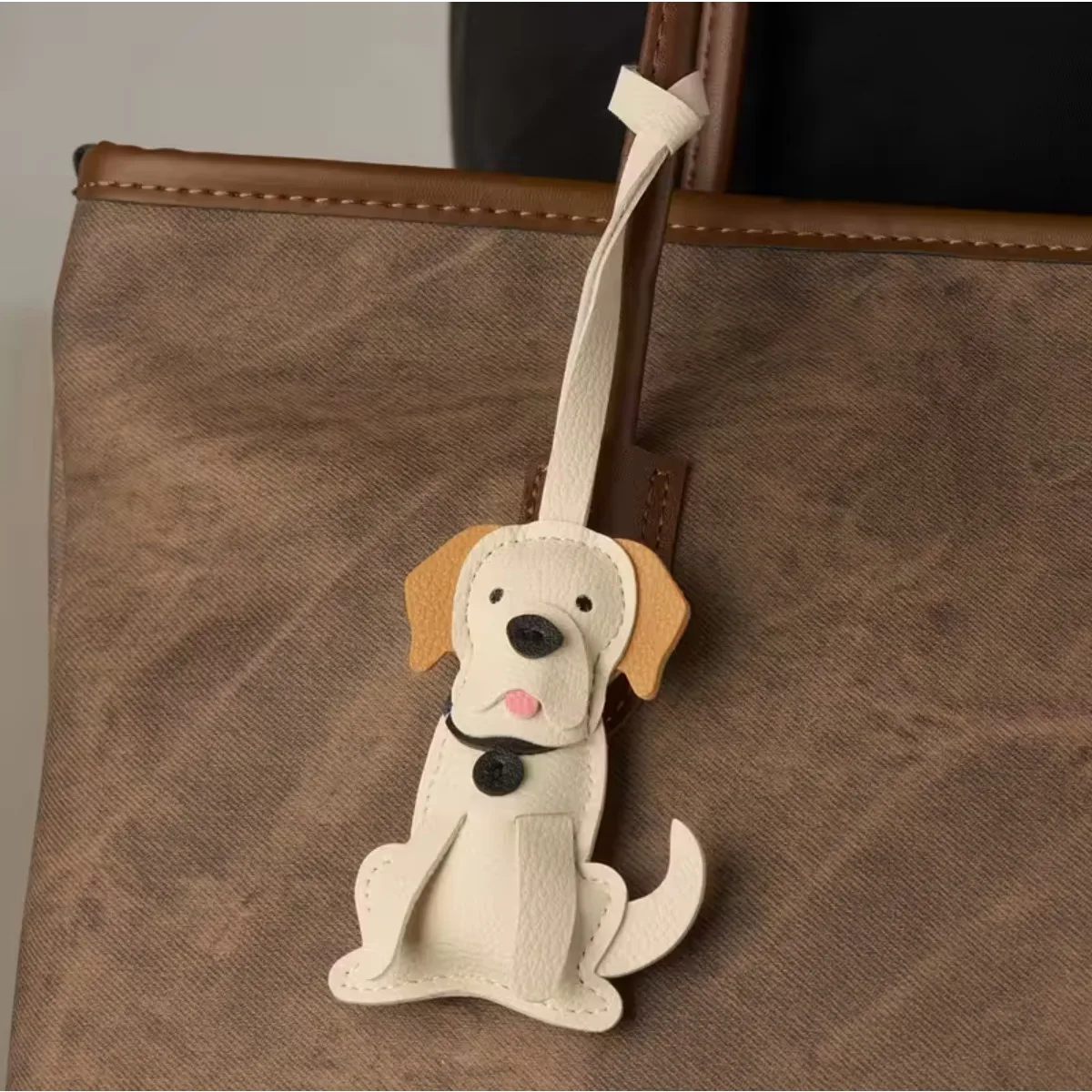 Cute Faux Leather Dog Charm Keychain with Expressive Eyes & Poses Playful Design for Bags Keys Phone Wallet Purse DIY Crafts