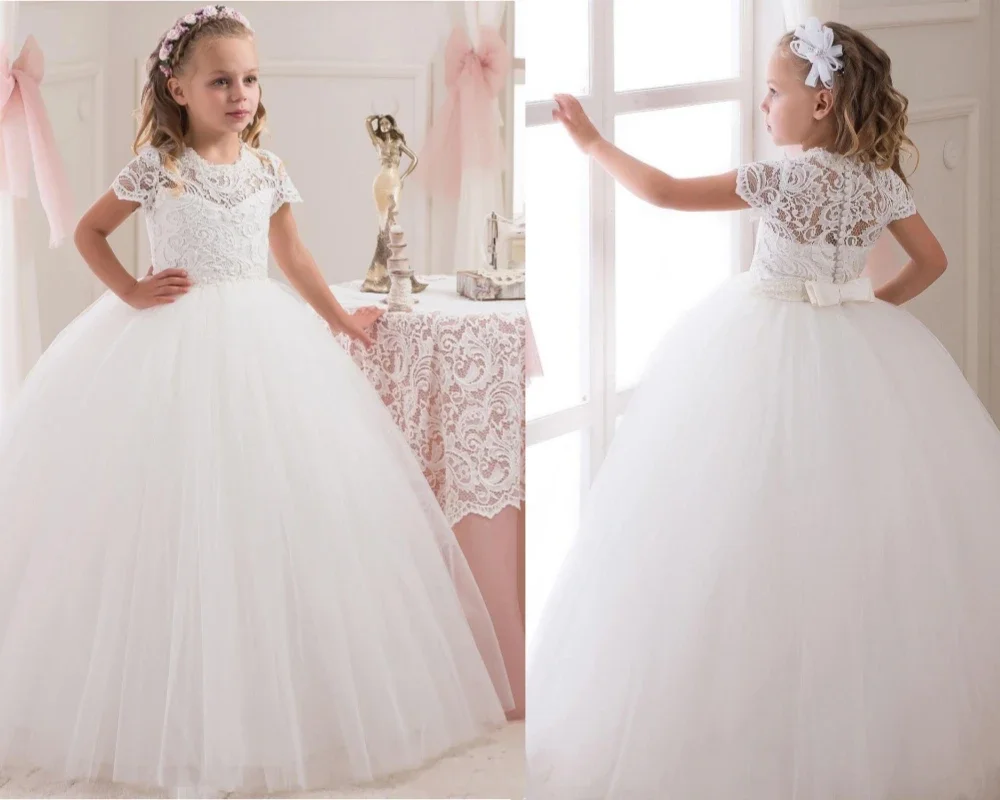 Fluffy Pageant Short Sleeve Kids Simple Princess Gowns White Lace Ball Gown Flower Girl Dresses For Wedding Birthday Party