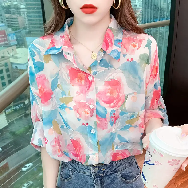 Summer New Long Sleeve Printing Loose Blouse Polo Neck Vintage All-match Youth Floral Shirt Tops Sweet Fashion Women Clothing