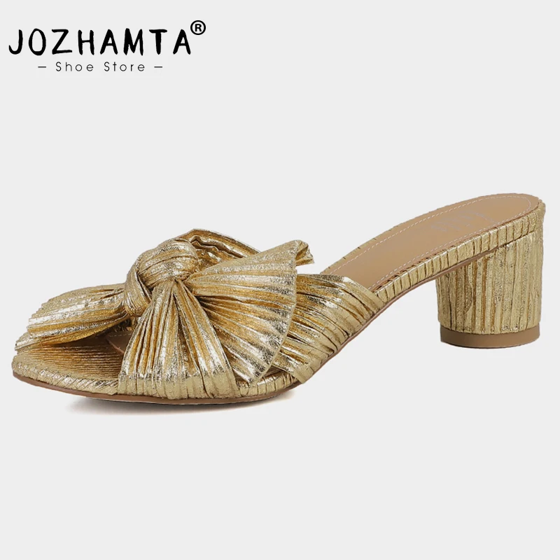 JOZHAMTA Size 34-40 Slides Sandals Women Gold Bow Chunky High Heels Shoes For Women Slippers Summer 2023 Peep Toe Mule Sandals