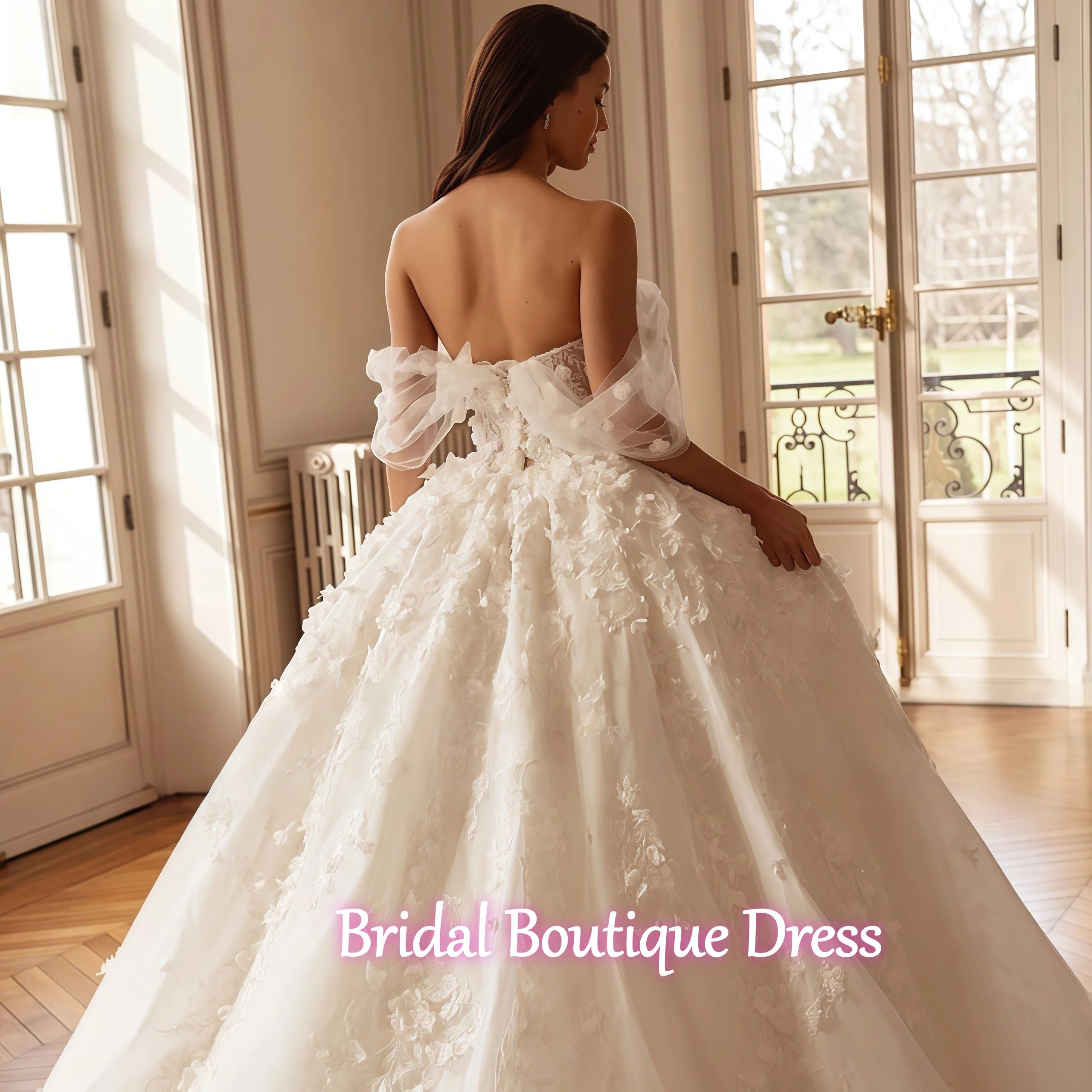 맞춤형 고급스러운 스위트하트 레이스업 볼 가운 웨딩 드레스 정교한 아플리케 자수 긴 소매 공주 신부 드레스